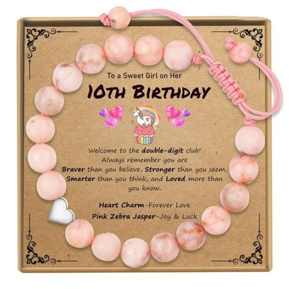 10th Birthday Bracelet Pink Beaded Adjustable Gift for Girls Daughter Niece - Picture 1 of 9